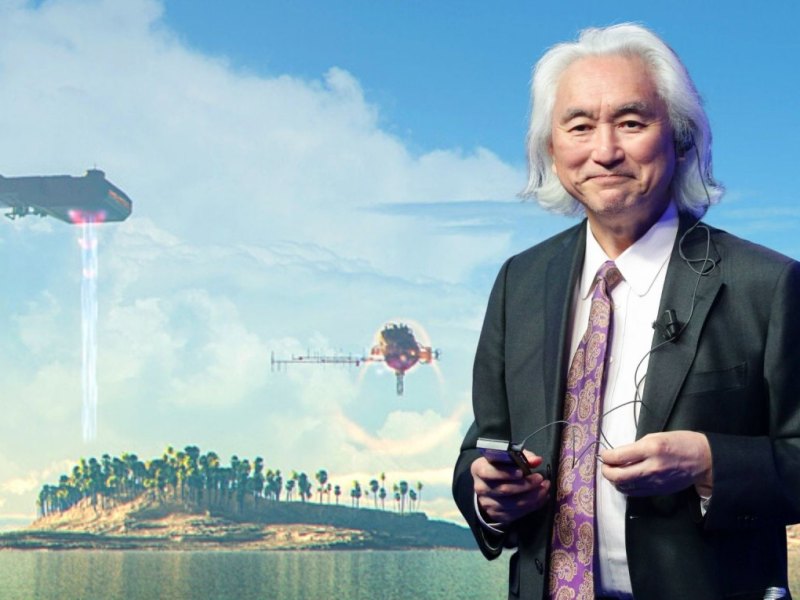 Michio Kaku vor einem illustierten Bild mit der Vorstellung von außerirdischem Lebem im All.