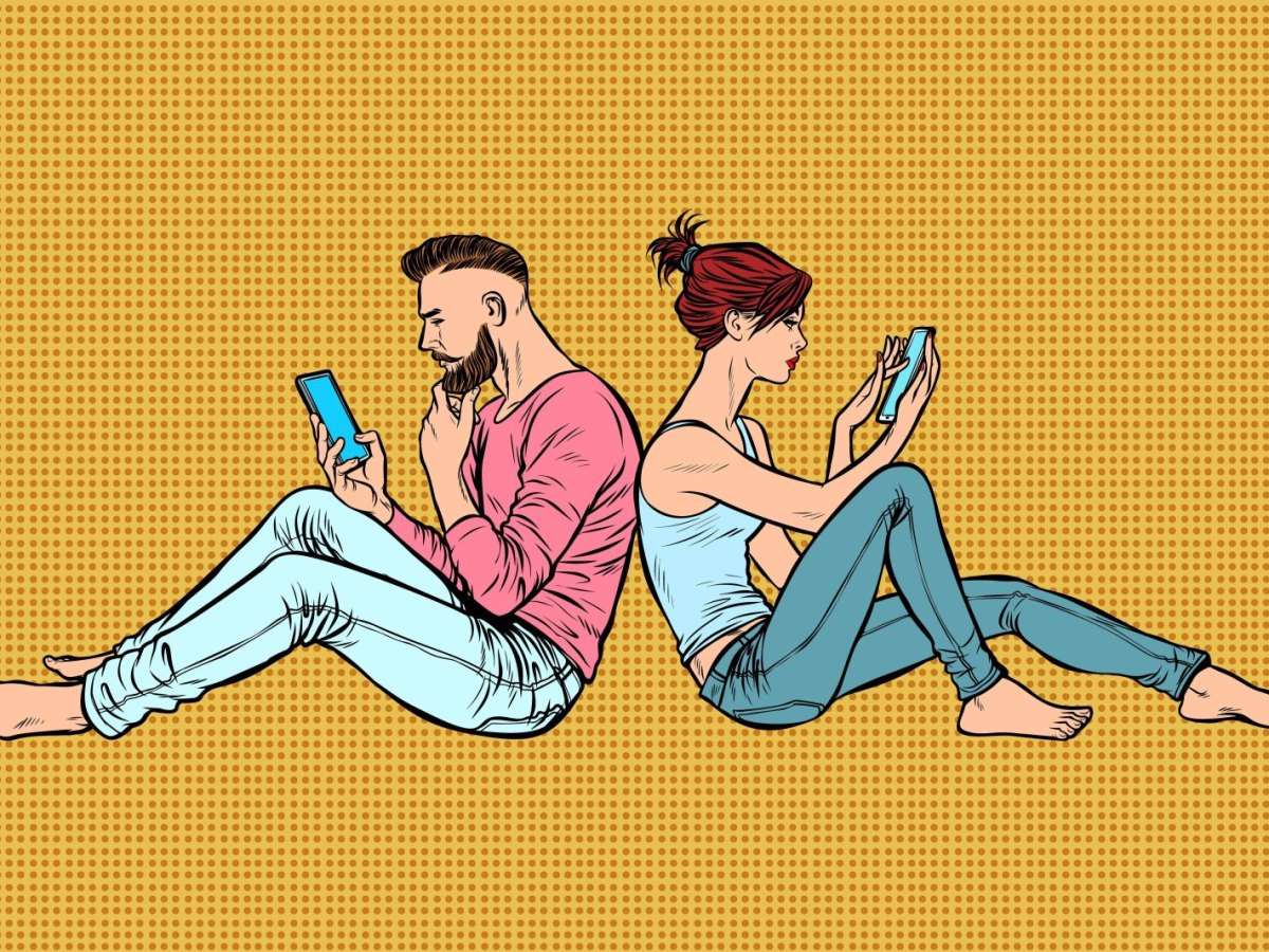 Mann und Frau blicken auf Smartphone im Comic-Stil