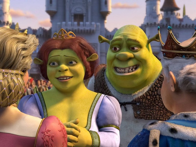 Szenenbild aus Shrek 2. Mit dem Oger und Frau Fiona.