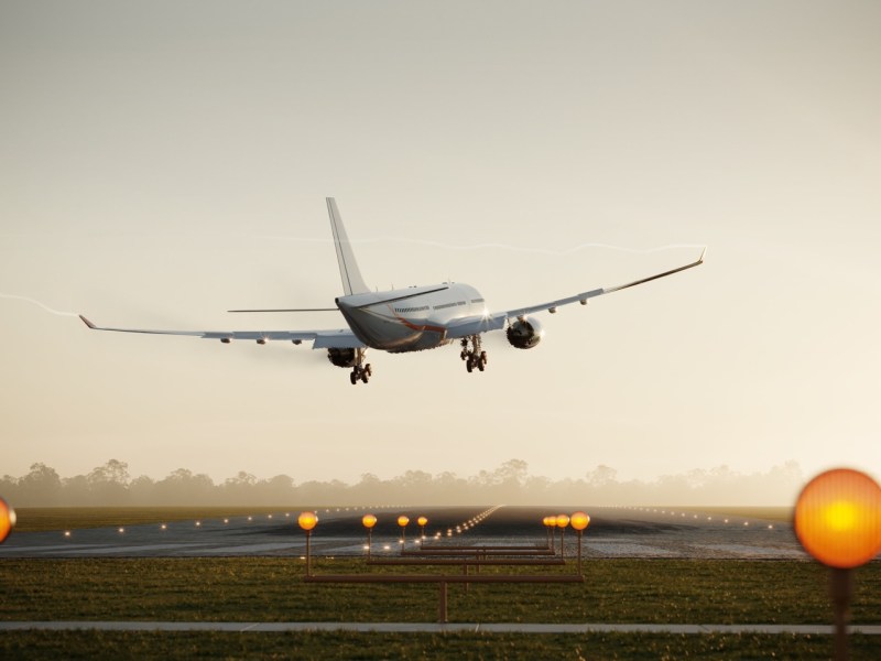 Flugzeug landet am Flughafen