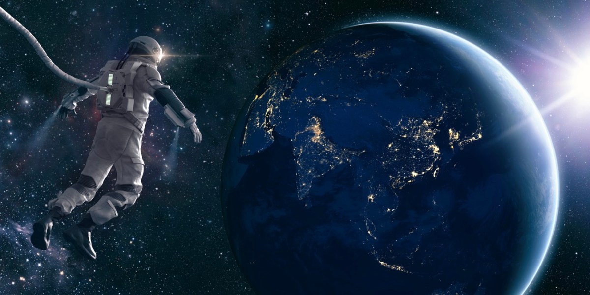 Astronaut im Weltall blickt auf die Erde (Illustration)