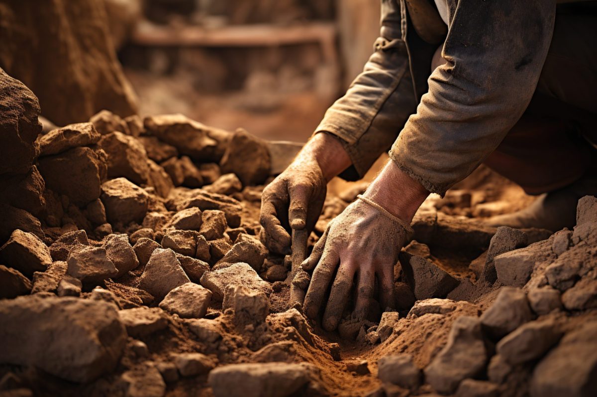 Ein Archäologe gräbt ein Objekt inmitten von Steinen aus.