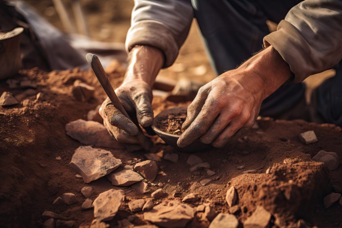 KI-Render eines Mannes, der eine archäologische Ausgrabung vornimmt.