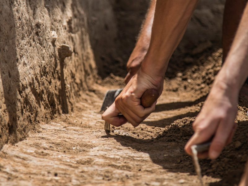 Hände graben mit Werkzeug an einem archäologischen Fund.