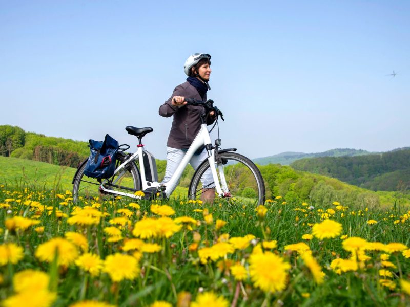 Frau geht mit einem Hollandrad als E-Bike durch eine Wiese.