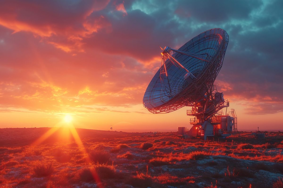 Eine riesige Satellitenantenne zum Einfangen von Radiosignalen vor einem roten Abendhimmel.