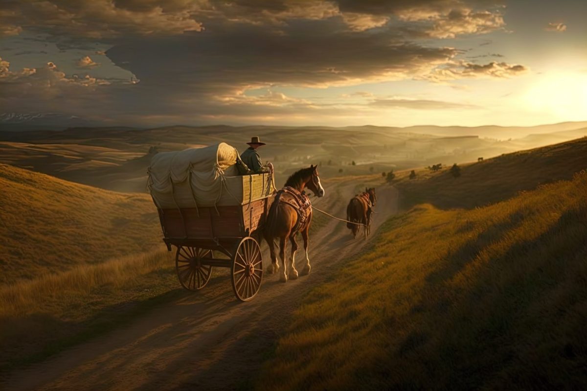 Eine Person fährt auf einem Planwagen der von zwei Pferden gezogen wird, durch die Weite der amerikanischen Landschaft.