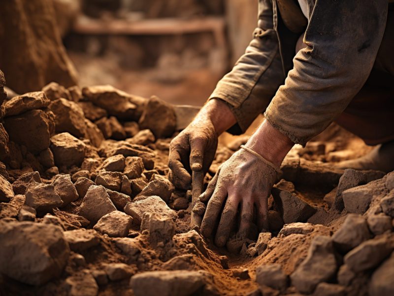 Hände arbeiten an einem archäologischen Fund.