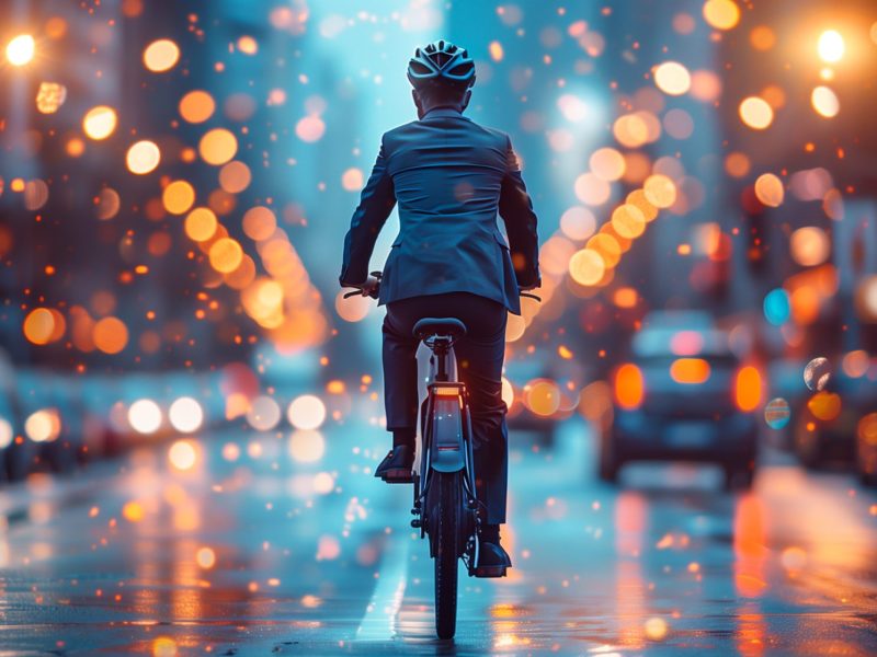 Person fährt im Regen auf einem E-Bike durch die Stadt (Rückansicht)