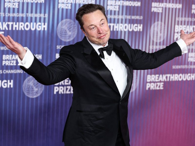 Portrait von Elon Musk auf rotem Teppich mit hochgezogenen Schultern und Armen