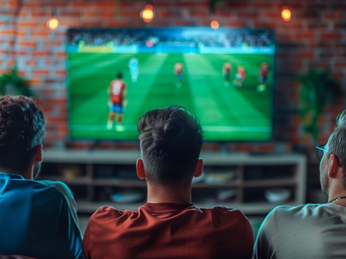 Drei Personen sitzen Zuhause und gucken gespannt Fußball auf einem Fernseher