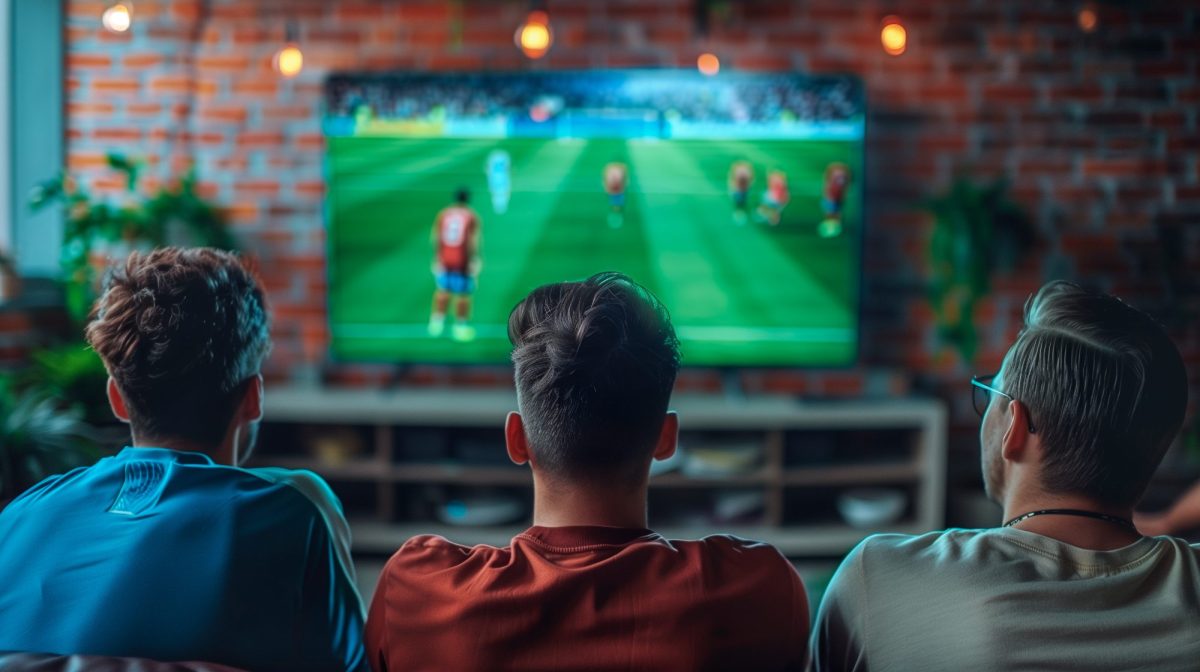 Drei Personen sitzen Zuhause und gucken gespannt Fußball auf einem Fernseher