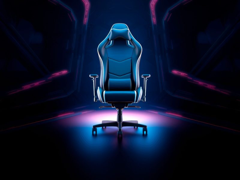 Ein Gaming-Stuhl vor dunklem Hintergrund.