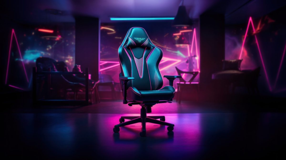 Gaming-Stuhl vor einem dunklen Hintergrund.