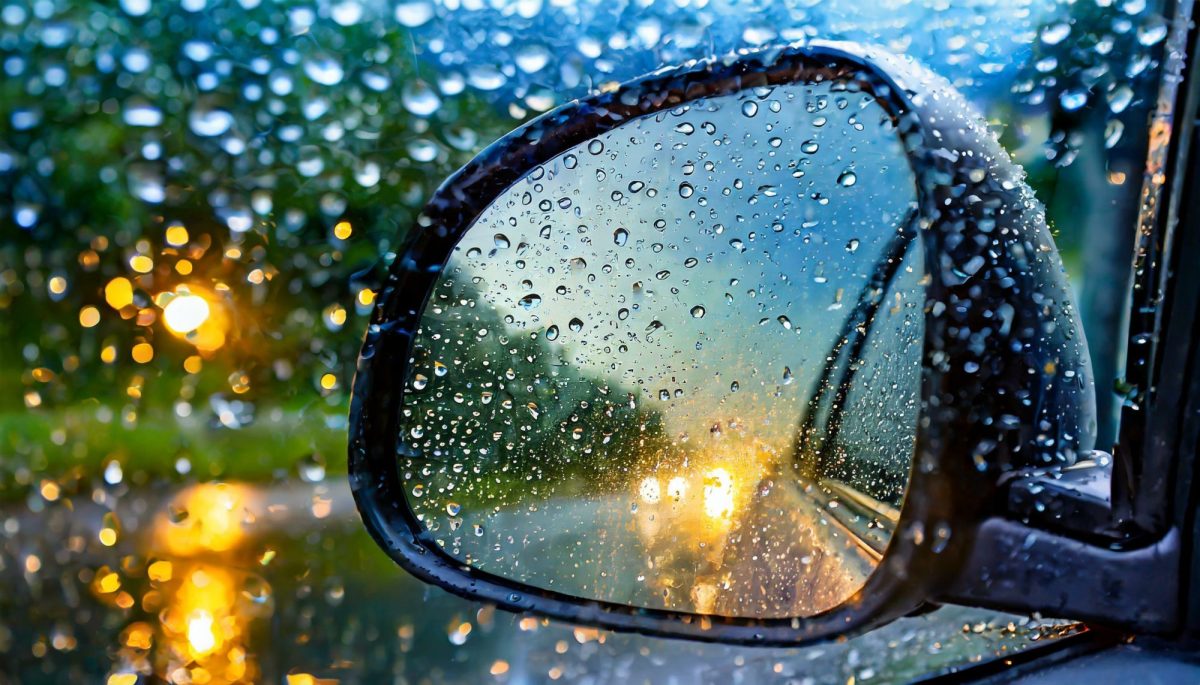 Nahaufnahme eines Außenspiegels an einem Auto bei Regen.