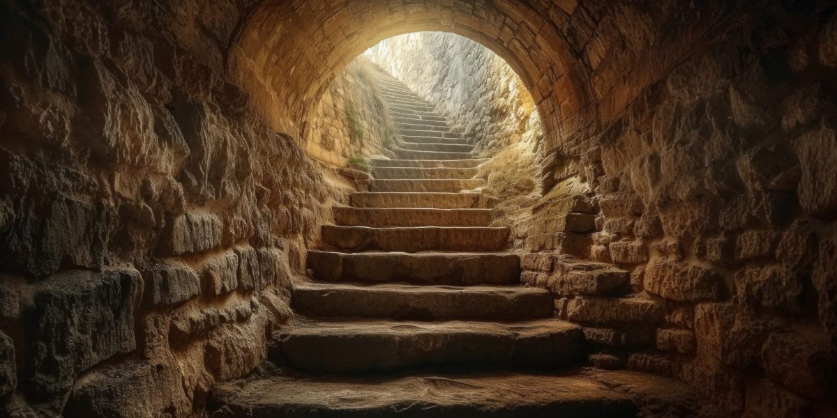 Illustration eines mittelalterlichen Tunnels mit Treppenstufen, der unter die Erde führt.