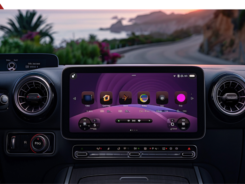 Android Auto-Display vor einem Sonnenuntergang