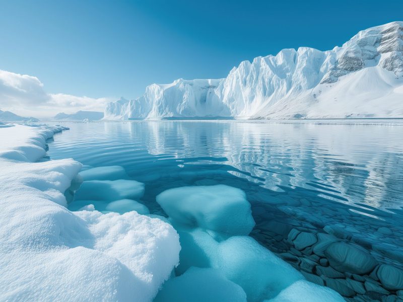 Eis treibt im Wasser in eisiger Landschaft