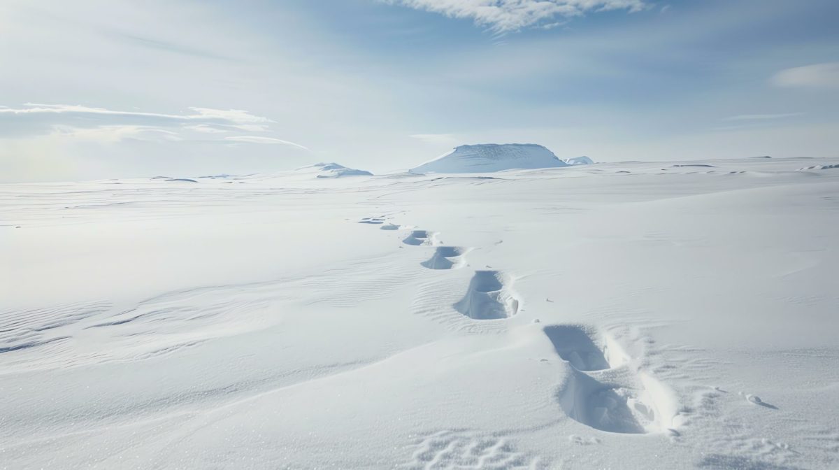 Fußspuren im Schnee. Im Hintergrund ist eine arktische Landschaft zu sehen.