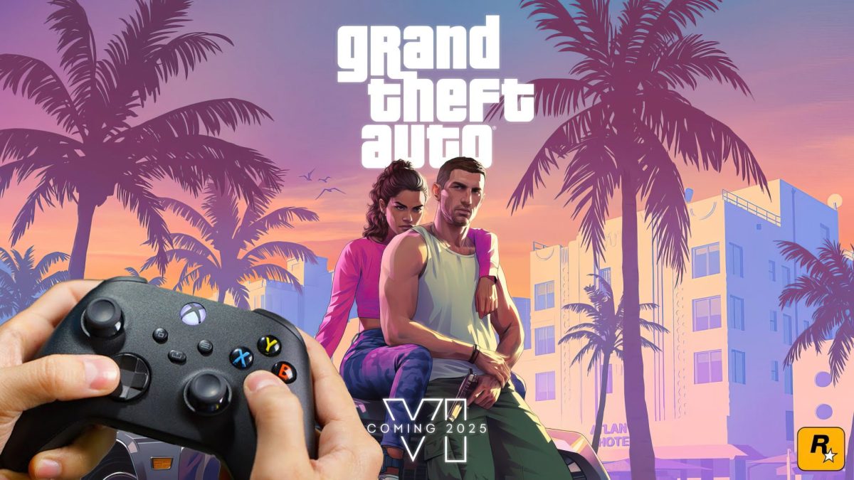 Cover-Bild zu "GTA 6". Im Vordergrund hält eine Person einen Xbox-Controller in der Hand.