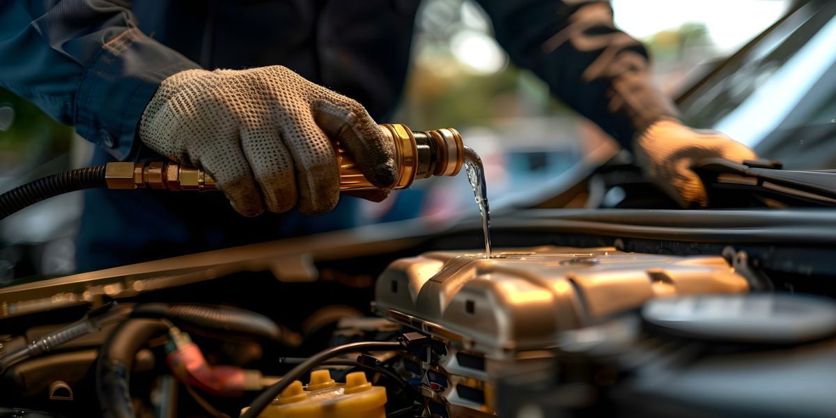 Mann arbeitet in der Werkstatt am Klimakondensator bei einem Auto.