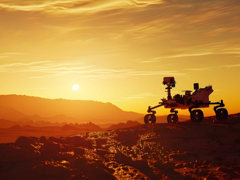Mars-Rover vor einem Sonnenuntergang.