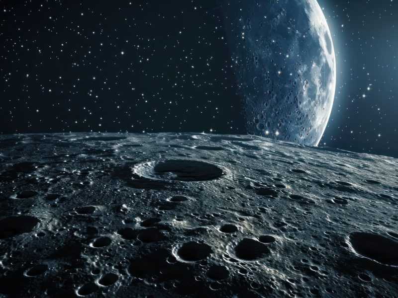 KI-generiertes Bild der Oberfläche des Mondes mit Blick auf die Erde.