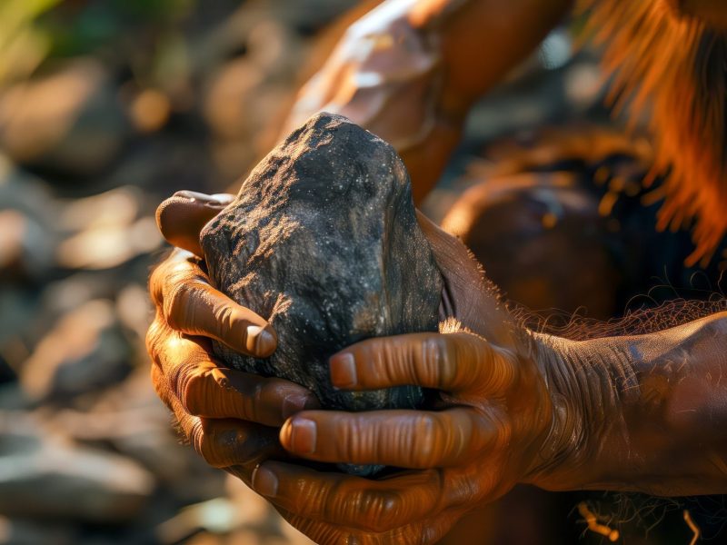 KI-generiertes Bild eines steinzeitlichen Menschen der einen Stein mit beiden Händen umklammert.