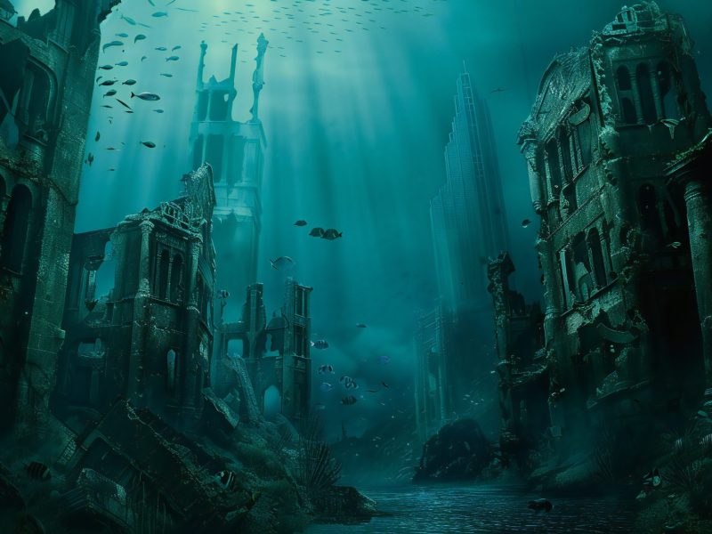 Illustration einer versunkenen Stadt im Meer