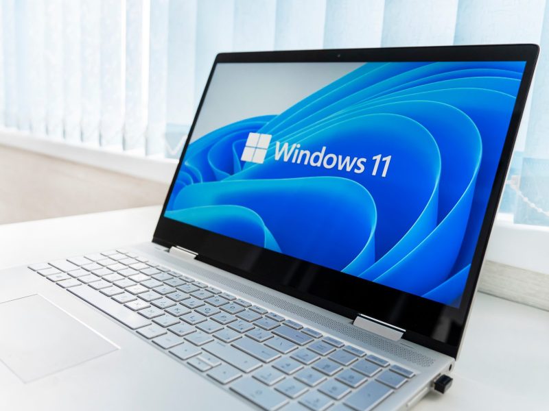 Auf einem dem Bildschirm eines aufgeklapptem Laptop wird das Windows 11-Logo angezeigt.