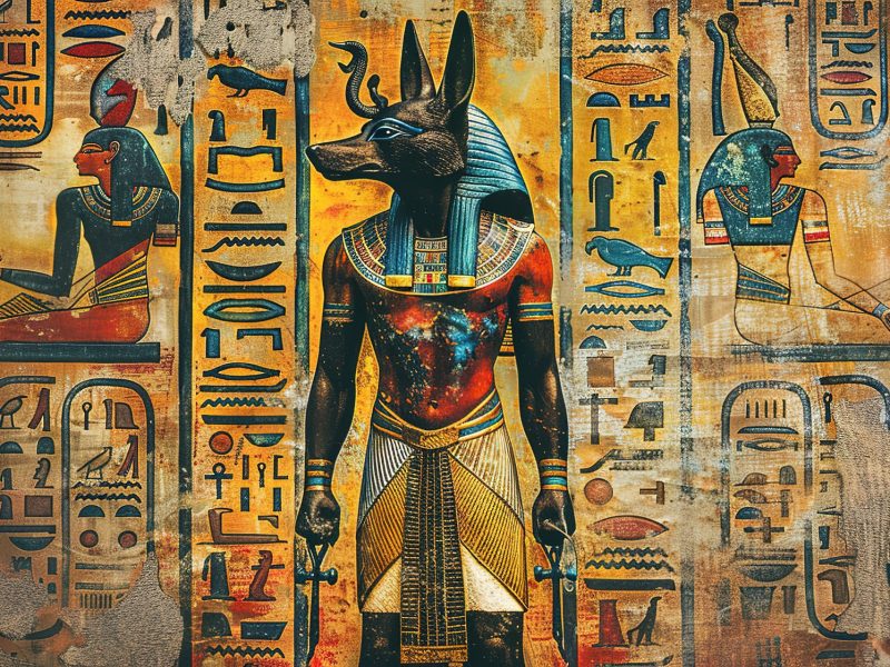 KI-generiertes Bild einer Wand mit ägyptischen Darstellungen von Pharaonen und Hieroglyphen.