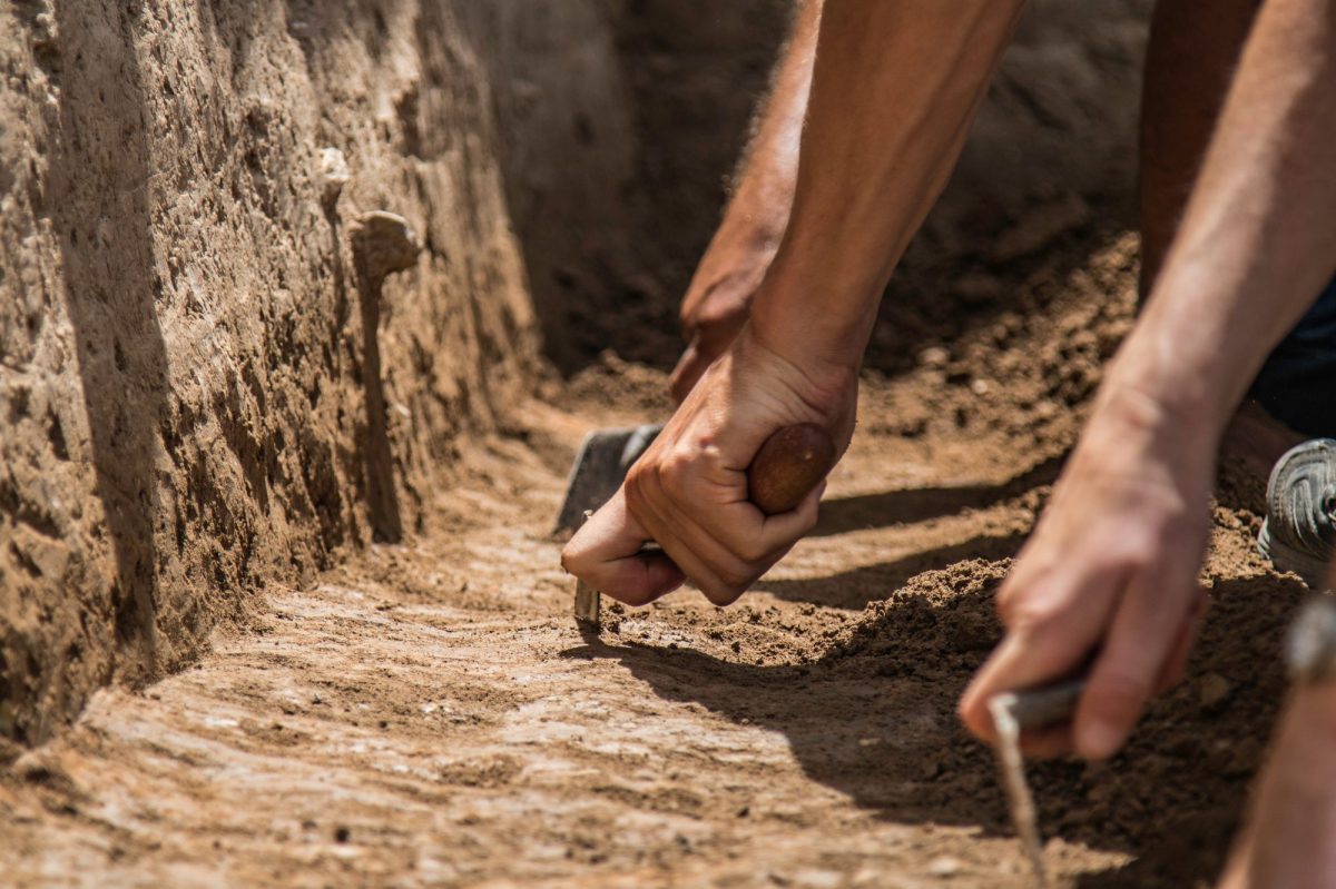 Menschen graben mit Werkzeugen an einem archäologischen Fund.