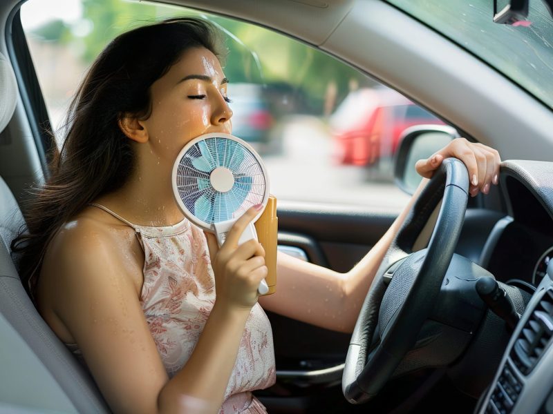 Frau sitzt am Steuer eines Autos. Sie schwitzt stark. In der Hand hält sie einen kleinen Ventilator.