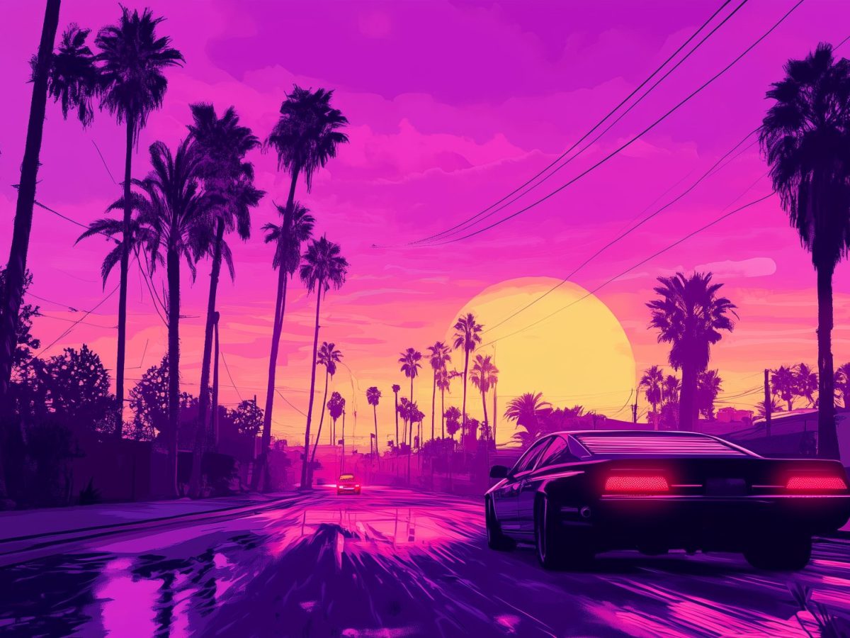 Eine Illustration im Stil der GTA-Spiele eines Sportwagens, der Richtung Sonnenuntergang fährt.