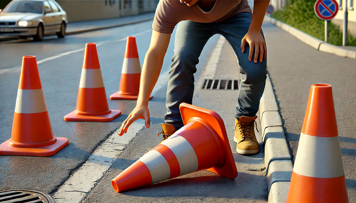 Mann greift nach umgekipptem Leitkegel