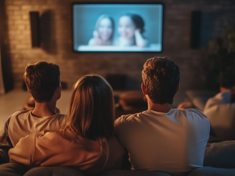 Eine Familie sitzt im Wohnzimmer und schaut in den Fernseher.