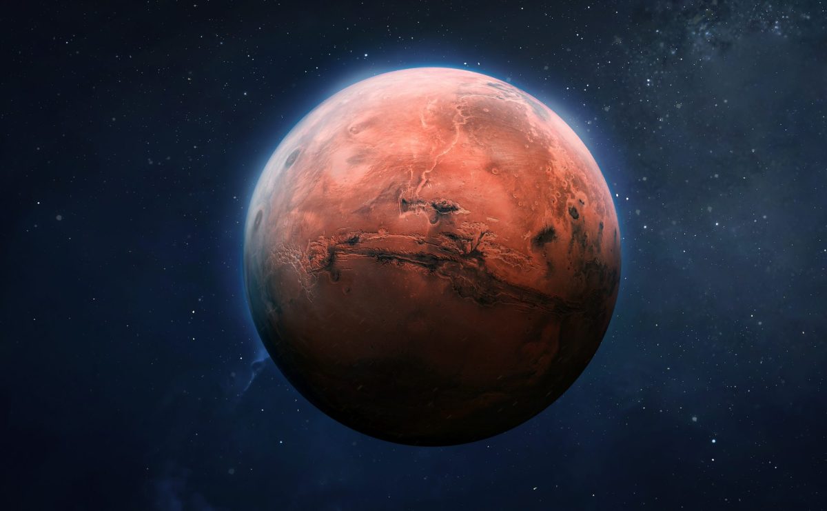 Gerendertes Bild vom Mars im All.