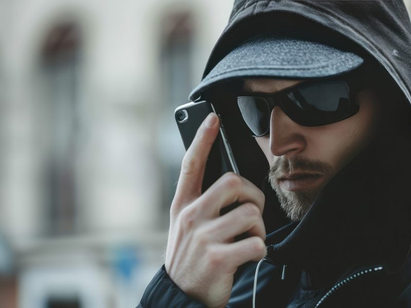 Person mit Sonnenbrille und Kapuze hält ein Smartphone vorm Gesicht.