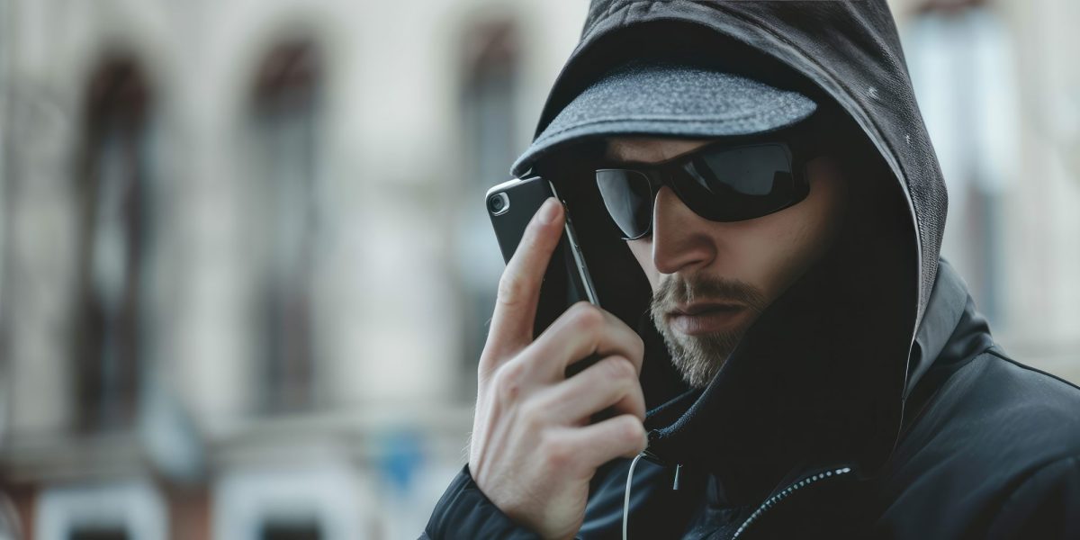 Person mit Sonnenbrille und Kapuze hält ein Smartphone vorm Gesicht.