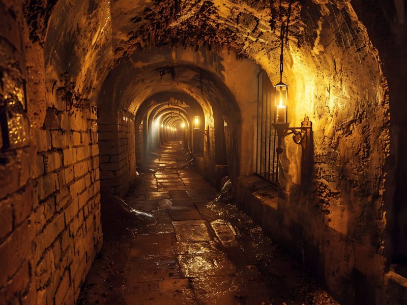 KI-generiertes Bild eines Tunnels mit Gewölbe aus Stein, in dem Fackeln hängen.