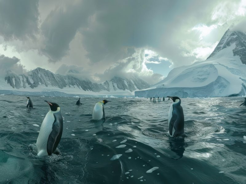 KI-generiertes Bild einer Gruppe von Pinguinen im Wasser vor Eisformationen und einem grauen Himmel mit Wolken