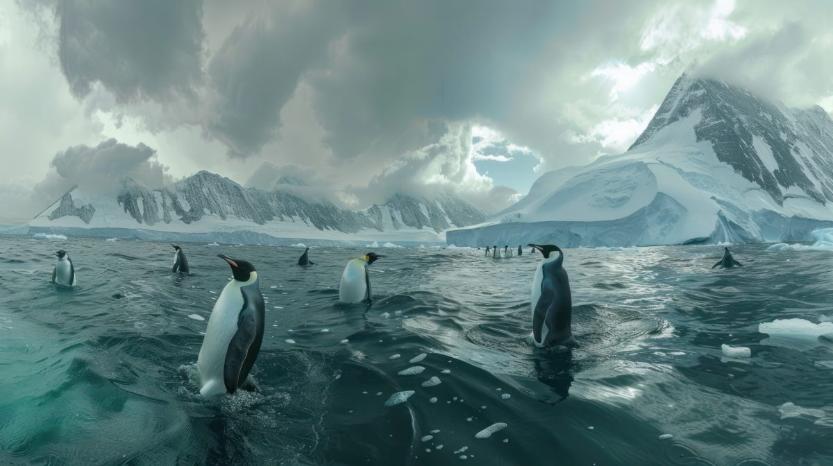 KI-generiertes Bild einer Gruppe von Pinguinen im Wasser vor Eisformationen und einem grauen Himmel mit Wolken