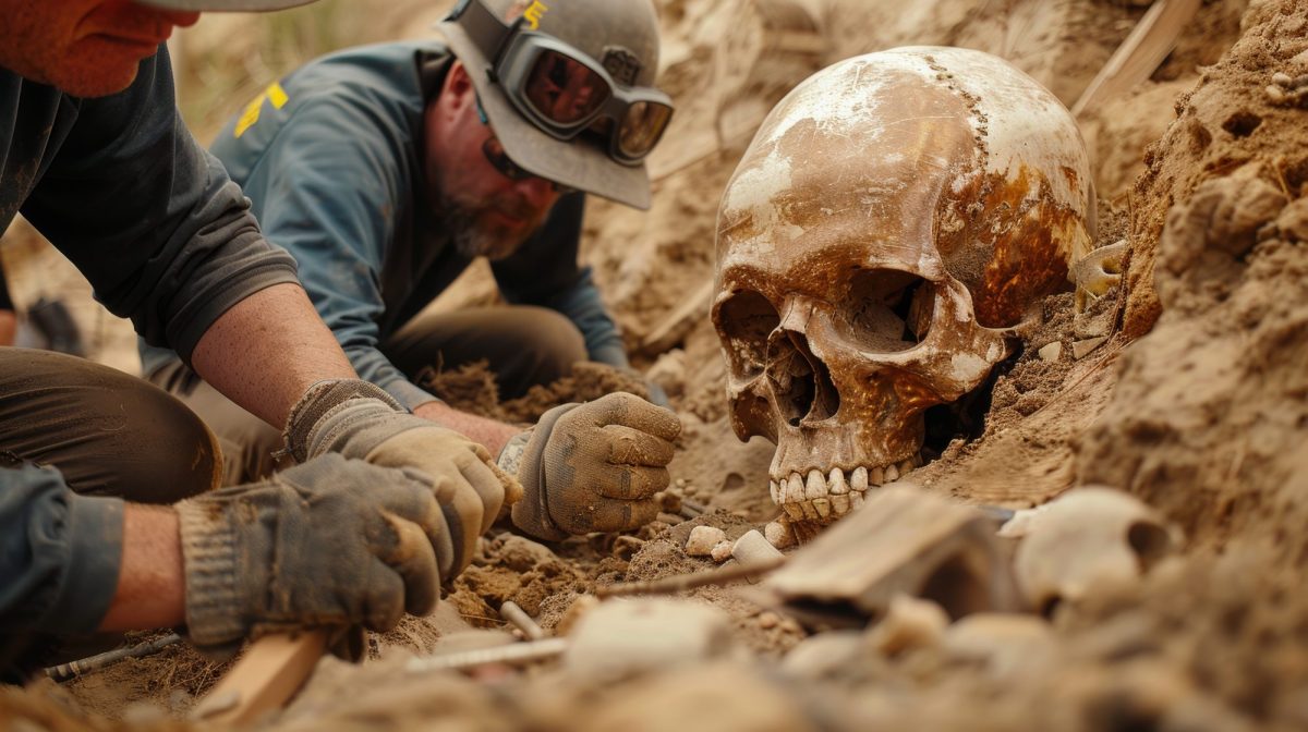 Männer arbeiten an einem archäologischen Fund.