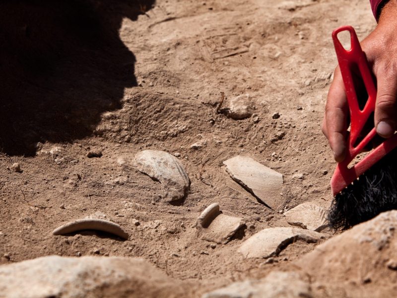 Hände arbeiten an einem archäologischen Fund.