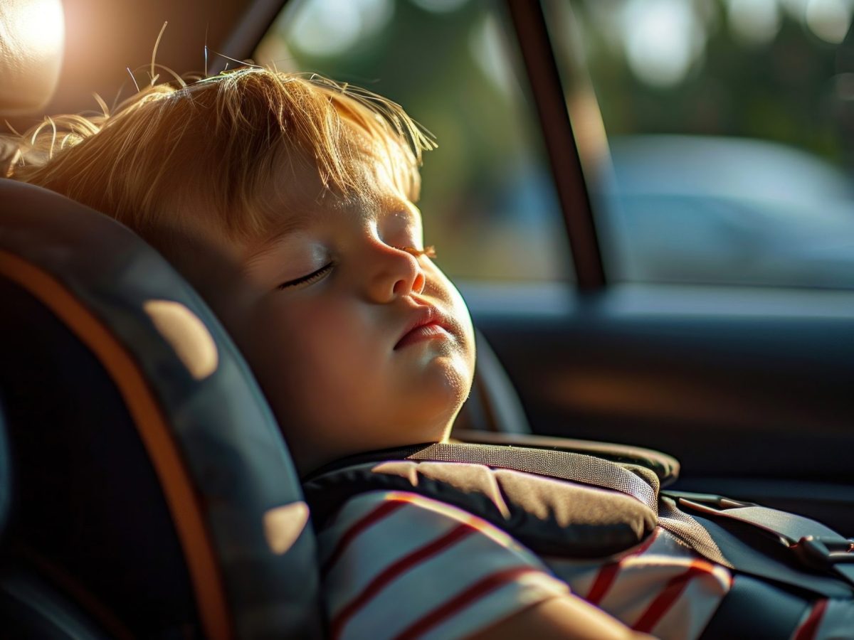 Schlafendes Kind in einem Kindersitz auf der Rückbank eines Autos. Durch die Autoscheibe scheint die Sonne.