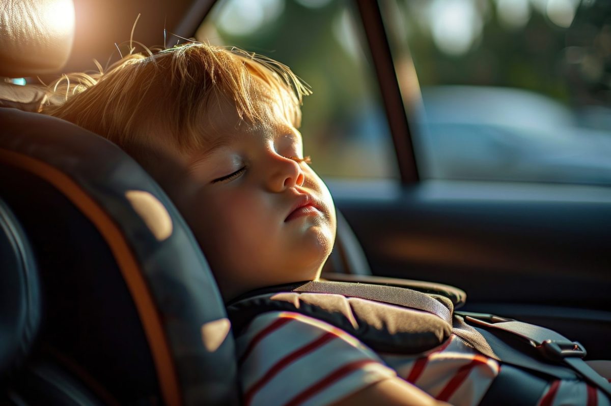 Schlafendes Kind in einem Kindersitz auf der Rückbank eines Autos. Durch die Autoscheibe scheint die Sonne.