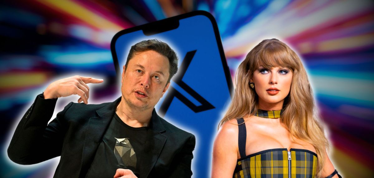 Elon Musk (l.) und Taylor Swift (r.) vor einem X-Logo