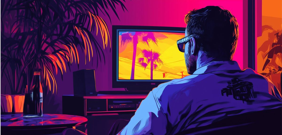 Eine Illustration im Stil von "Grand Theft Auto" eines Mannes mit Sonnenbrille, der ein Video auf seinem Computer anschaut.