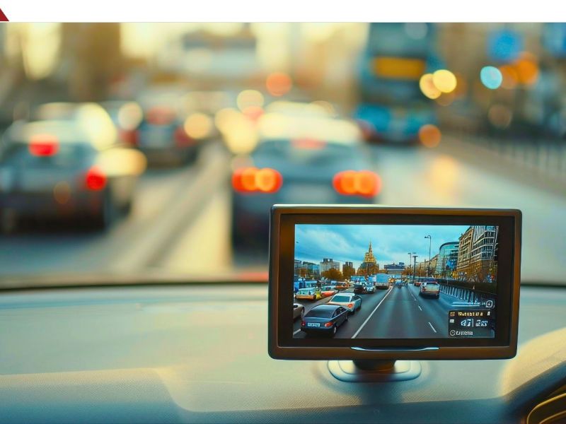 Monitor einer Rückfahrkamera ist auf einem Armaturenbrett befestigt. Durch die Windschutzscheibe sind Autos auf einer Straße zu sehen.