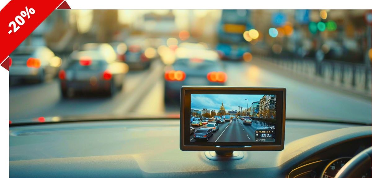 Monitor einer Rückfahrkamera ist auf einem Armaturenbrett befestigt. Durch die Windschutzscheibe sind Autos auf einer Straße zu sehen.